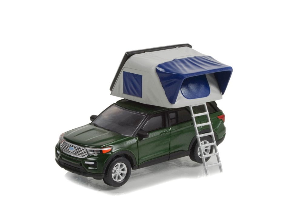 2022 Ford Explorer Limited w/ Rooftop Tent, Dark Green - Greenlight 38030F - 1/64 Scale Diecast Car