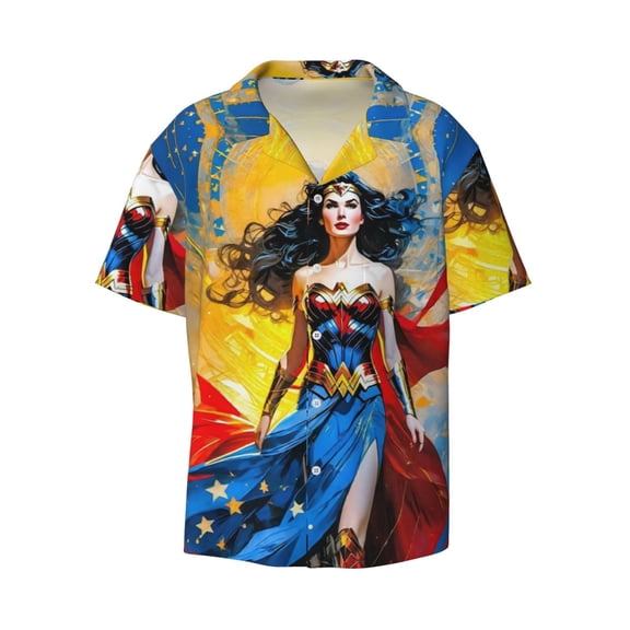 Wonder Woman Men's Hawaiian Shirt Cuban Guayabera Collar Short Sleeve Casual Button Down Shirts Tropical Holiday Beach Shirts Small