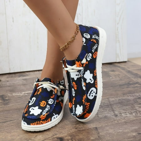 Women s Fashion Halloween Pumpkin Print Canvas Low Top Sneakers Halloween Decorations Platform Slip on Flats Loafers Shoes for Women Casual Breathable Comfortable Walking Canvas Sneakers Shoes