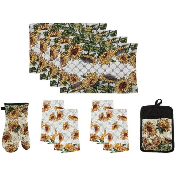 Set of 10 Sunflower Design Tapestry Kitchen Sets Includes 4 Placemats, 4 Kitchen Towels, a Potholder, and an Oven Mitt.