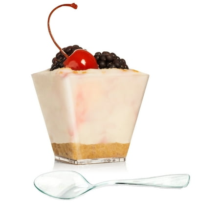 

Dessert Cups with Spoons - Clear Plastic Disposable Square Cups + Spoons Perfect for Serving Desserts Appetizers Mousse and Small Portions - Elegant Cups for Parties Wedding Tasting