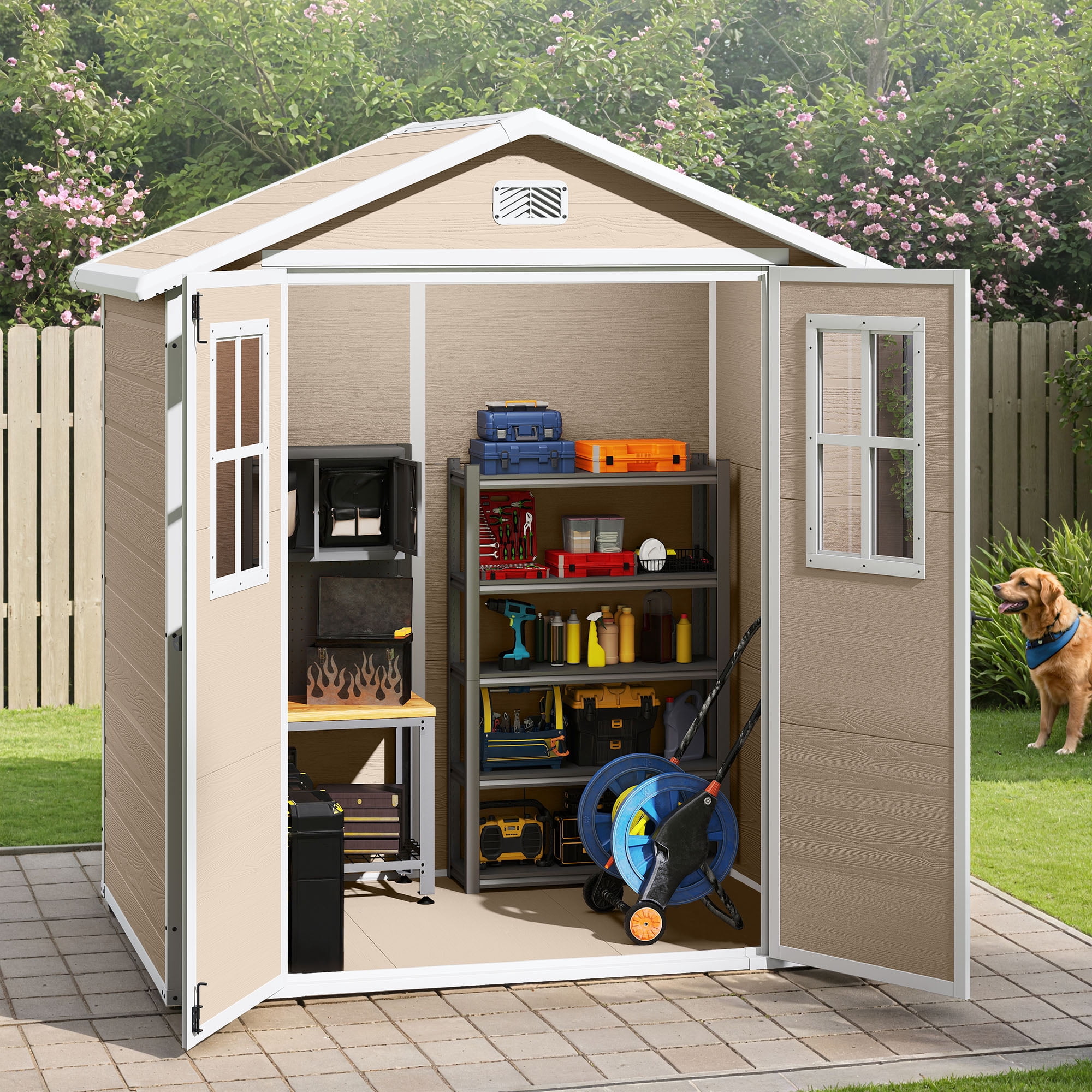 Uforic 6x4.4 FT Double-Wall Resin Outdoor Storage Shed, Plastic Garden Tool Shed with 2 Windows & Lockable Door, Waterproof Storage House for Lawn Mower, Backyard Patio Lawn, Greige & White