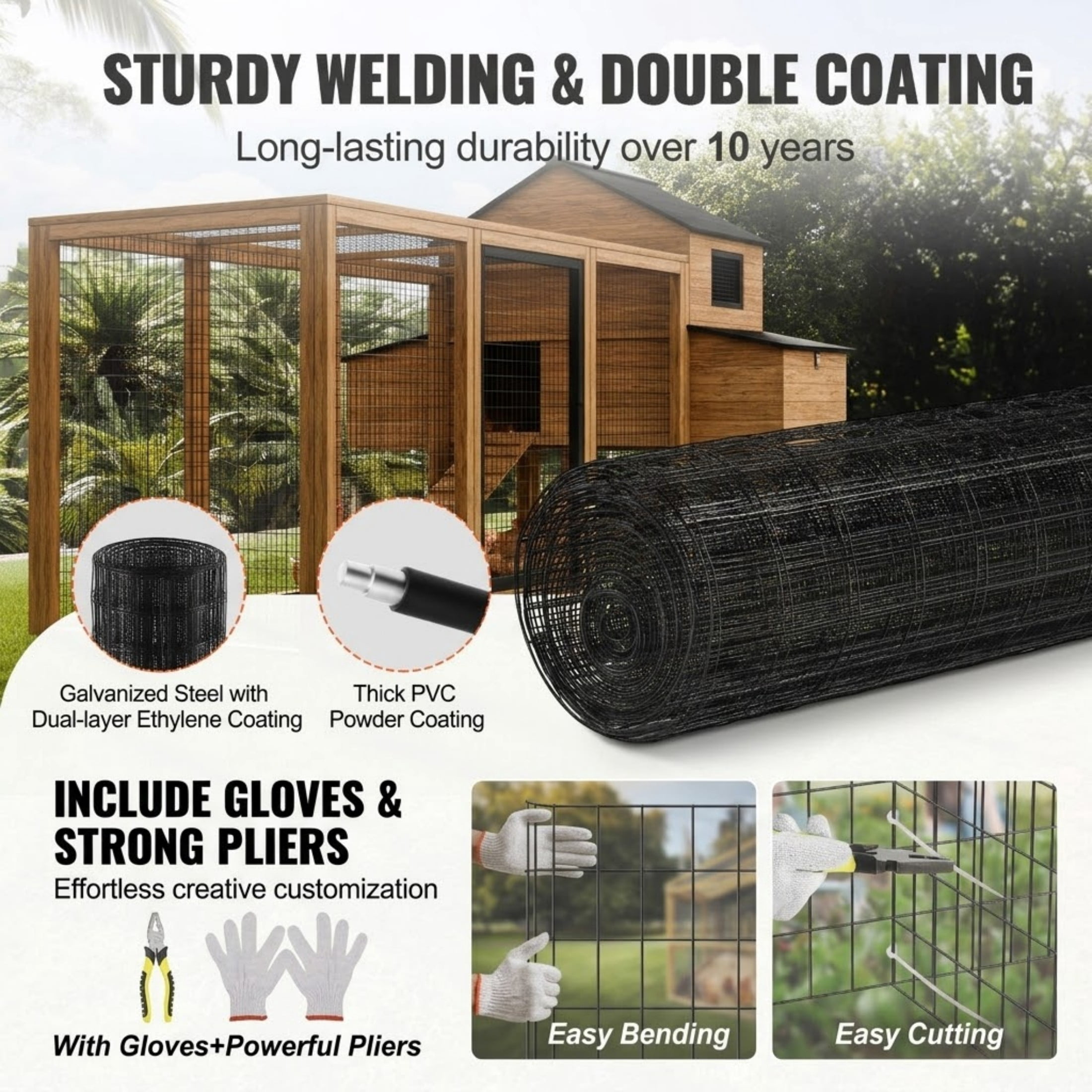 24'' x 50' 16 Gauge Hardware Cloth, Vinyl Coated Galvanized Wire Mesh Roll for Chicken Coop and Poultry Fence