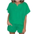 thumbnail image 1 of Timegard Sets for Women 2 Piece Ribbed Lapel V-Neck Short Sleeve Top Wide Leg Shorts Casual Comfy Outfits, 1 of 5