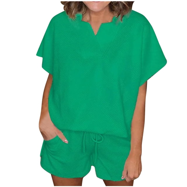 Timegard Sets for Women 2 Piece Ribbed Lapel V-Neck Short Sleeve Top Wide Leg Shorts Casual Comfy Outfits