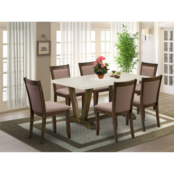 East West Furniture V726MZ748-7 - 7-Pc Modern Dining Table Set - 6 Parson Chairs and 1 Kitchen Dining Table (Distressed Jacobean Finish)
