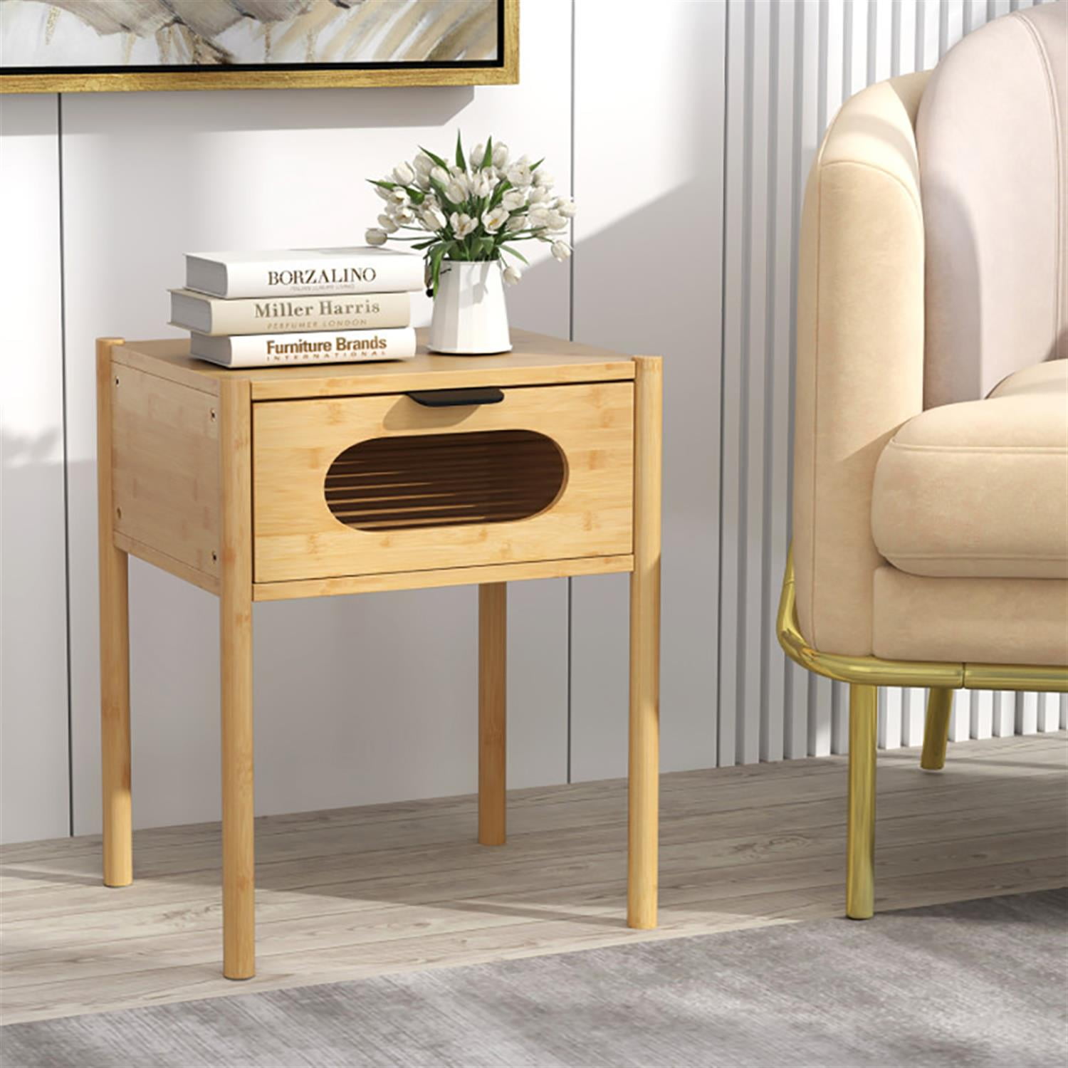 Demi Bonn Modern Bamboo Nightstand with Decorated Drawer, Small Night Stand Square Tall End Table Side Furniture, Storage Organizer for Bedroom, Beige