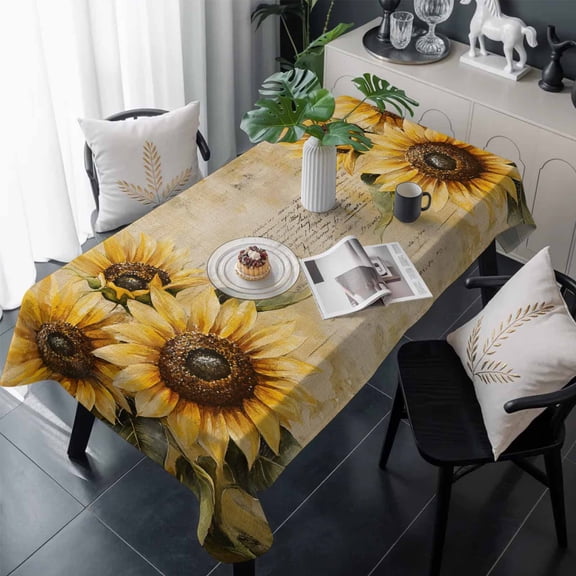 Sunflower Table Cloth Waterproof Tablecloths, Welcome Retro Summer Botanical Pastoral Tablecloth Dining Table Cover for Kitchen Party Tabletop Outdoor, Rectangle Tablecloth 60x120 Inch