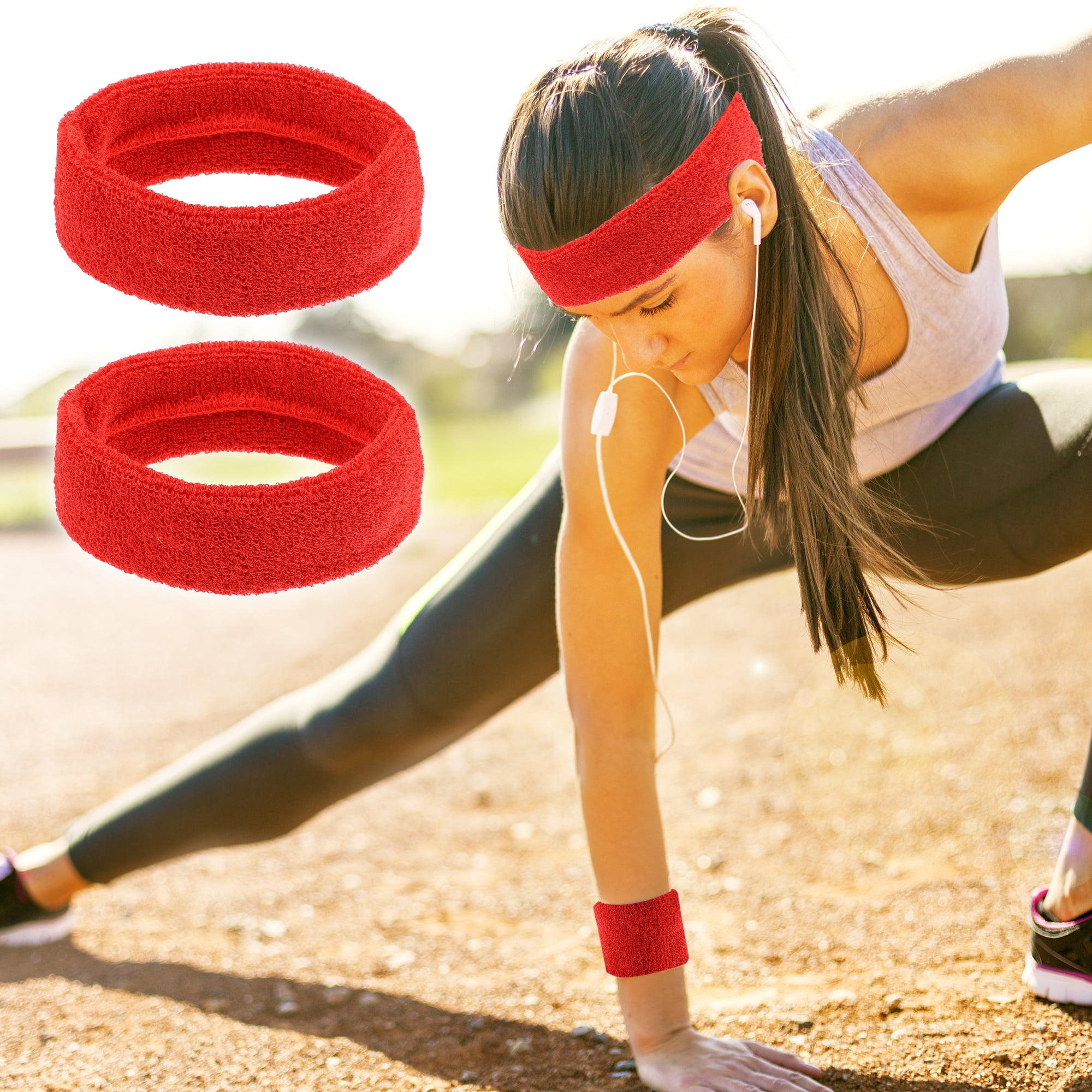 Unique Bargains 3 Pcs Sport Headband Wristband Sweatband Cotton Blend Big Red