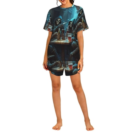 Womens Pajamas Set Short Sleeve Top Pants Soft Sleepwear Loungewear Pjs Sets Grim Reaper Party Cool