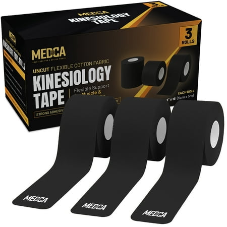 Kinesiology Tape Rolls – Pack of 3 (2 Inch x 16 Ft / 5cm x 5m) – Latex-Free Breathable Cotton, Strong Adhesive, Water-Resistant & Sweatproof Sports Tape for Muscle and Joint Support – Black
