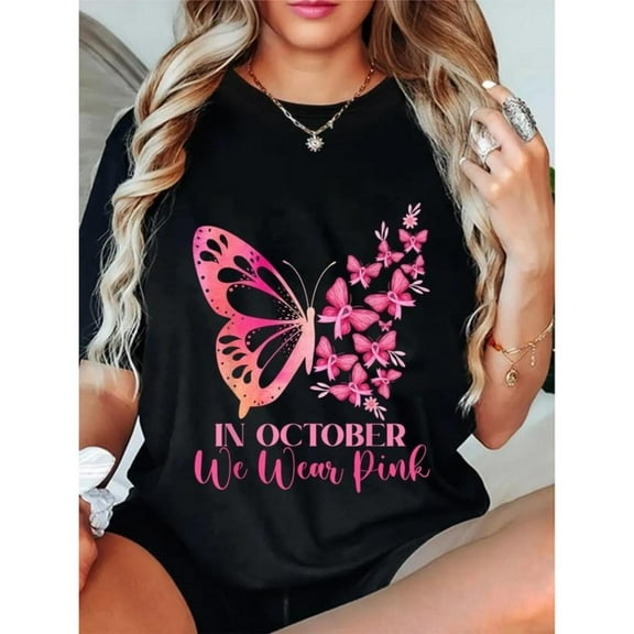 In October We Wear Pink T Shirt Butterfly Breast Graphic Tee Tops Short Sleeve Round Neck Black S-5XL