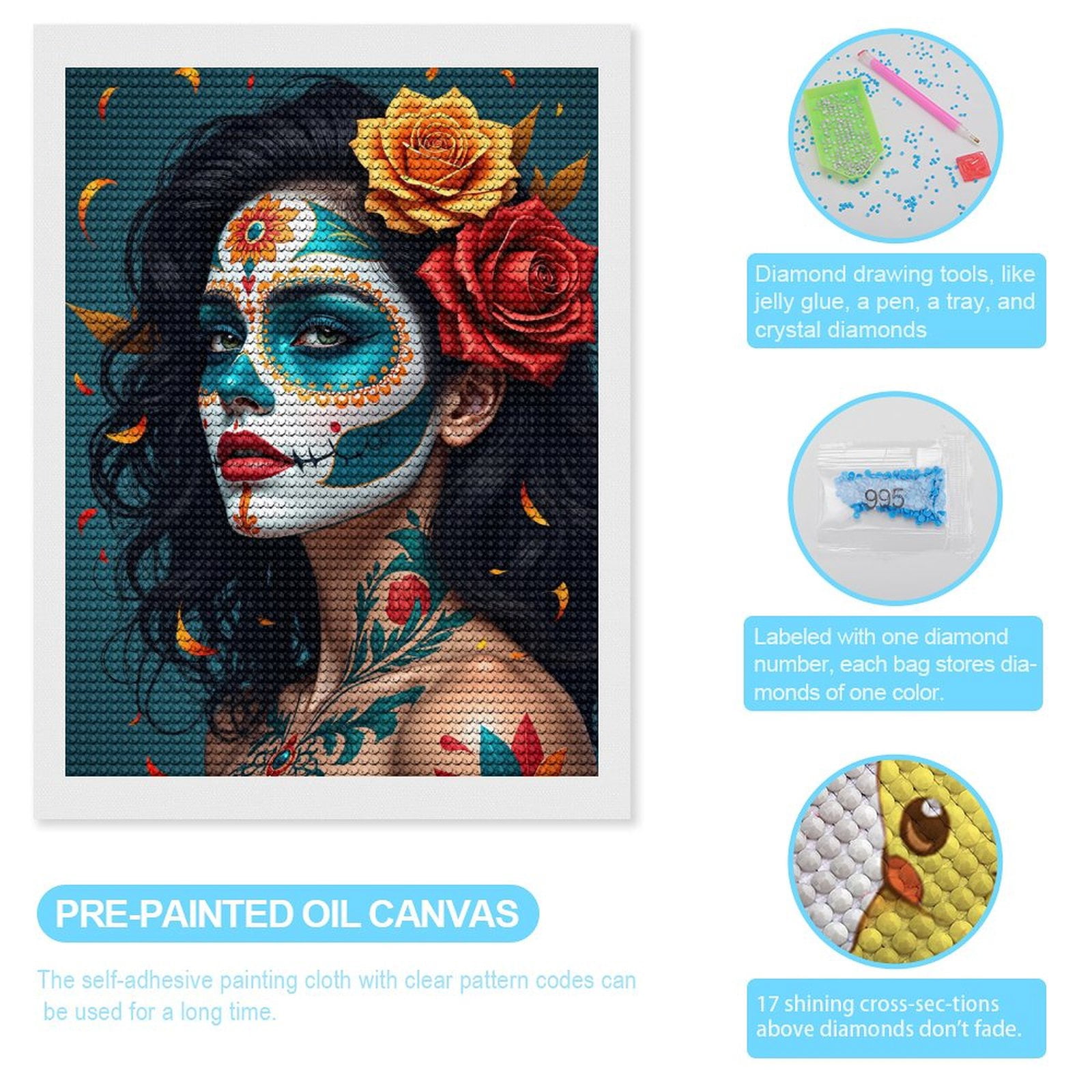 Diamond Art Kits for Adults, Beautiful Face Paint Art Woman 5D Diamond Painting Kits for Adults Beginners, DIY Full Drill Diamond Painting, Gem Art and Crafts 12x16