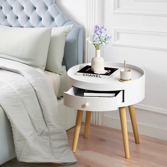 Oufan Modern Round Bedside Table with Storage Drawer and Solid Wood Legs, Easy Assembly, for Living Room, Bedroom and Small Spaces, White