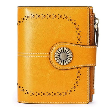 Women's wallet leather tri-fold wallet, oil wax leather coin purse with ID window, fashionable buckle zipper card holder