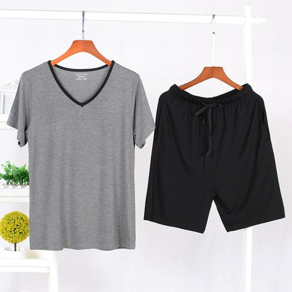 Mens Pajama Sets Big & Tall L-4X Plus Size Short Sleeve T-Shirts and Shorts Loungewear Outfits Boys Casual 2 Piece Modal Sleepwear Set with Pockets