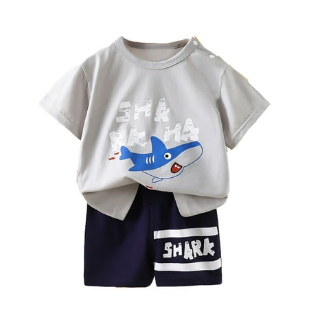 Curuila Children Girls Boys Two Piece Sets Summer Cartoon Print Crew Neck Short Sleeve Tops With Shorts Comfort Casual Outfit Set Gray Size 2-3 Years