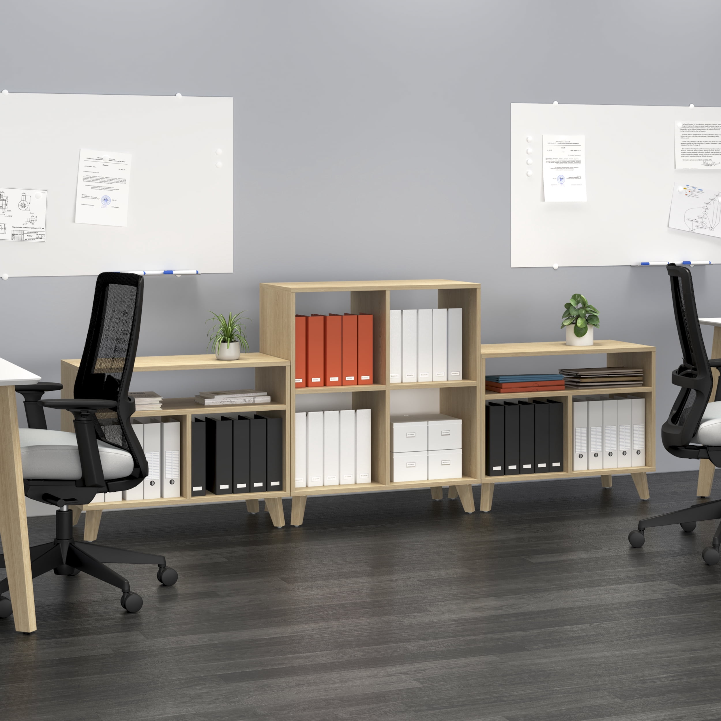 HON Basyx Commercial-Grade Modern Cube Storage Credenza, Real Wood Feet, in Teak (BSXCUBECTT)