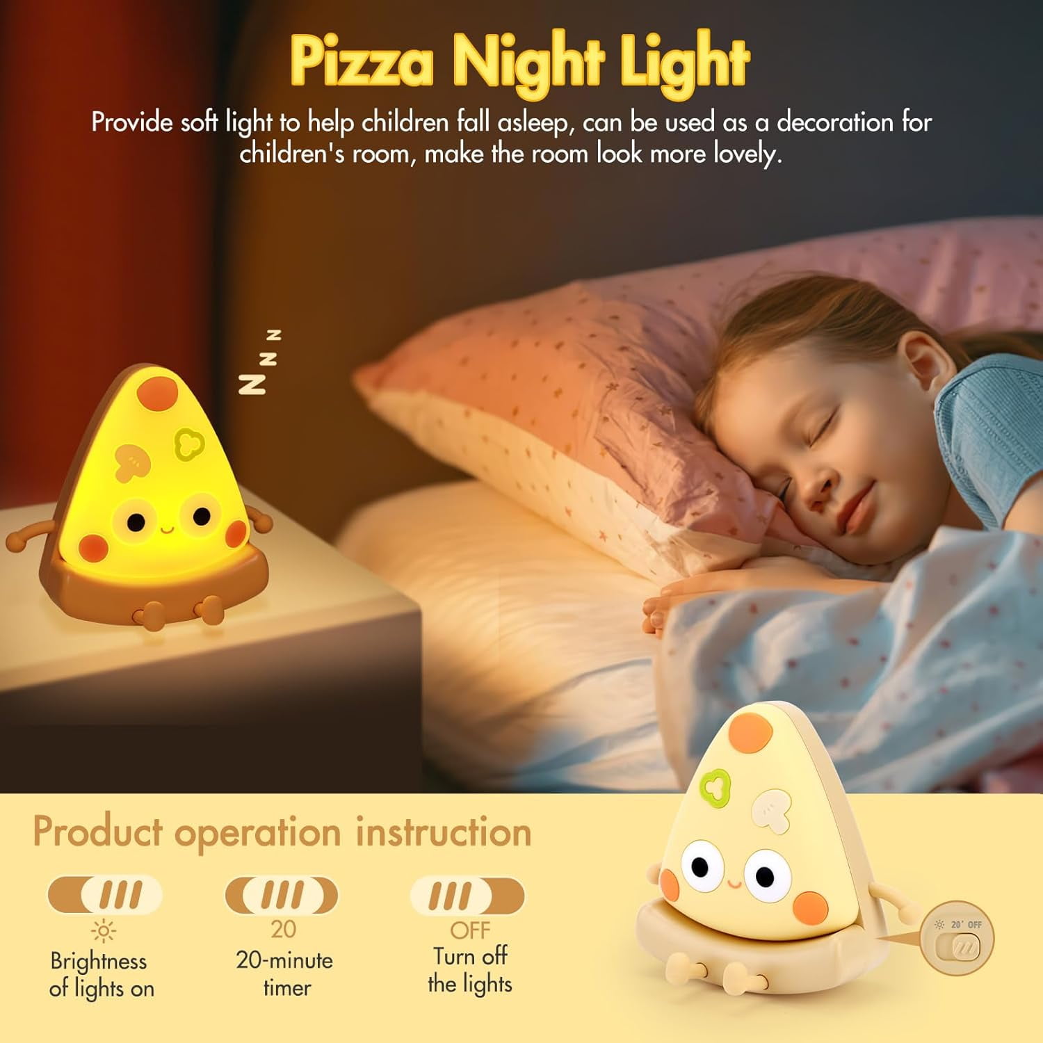 Cute Pizza Night Light - Silicone Dimmable Nursery Night Light Rechargeable LED Small Night Light Dimmable Kawaii Bedside Table Lamp Toddler Night Light Gifts for Boys Girls Baby