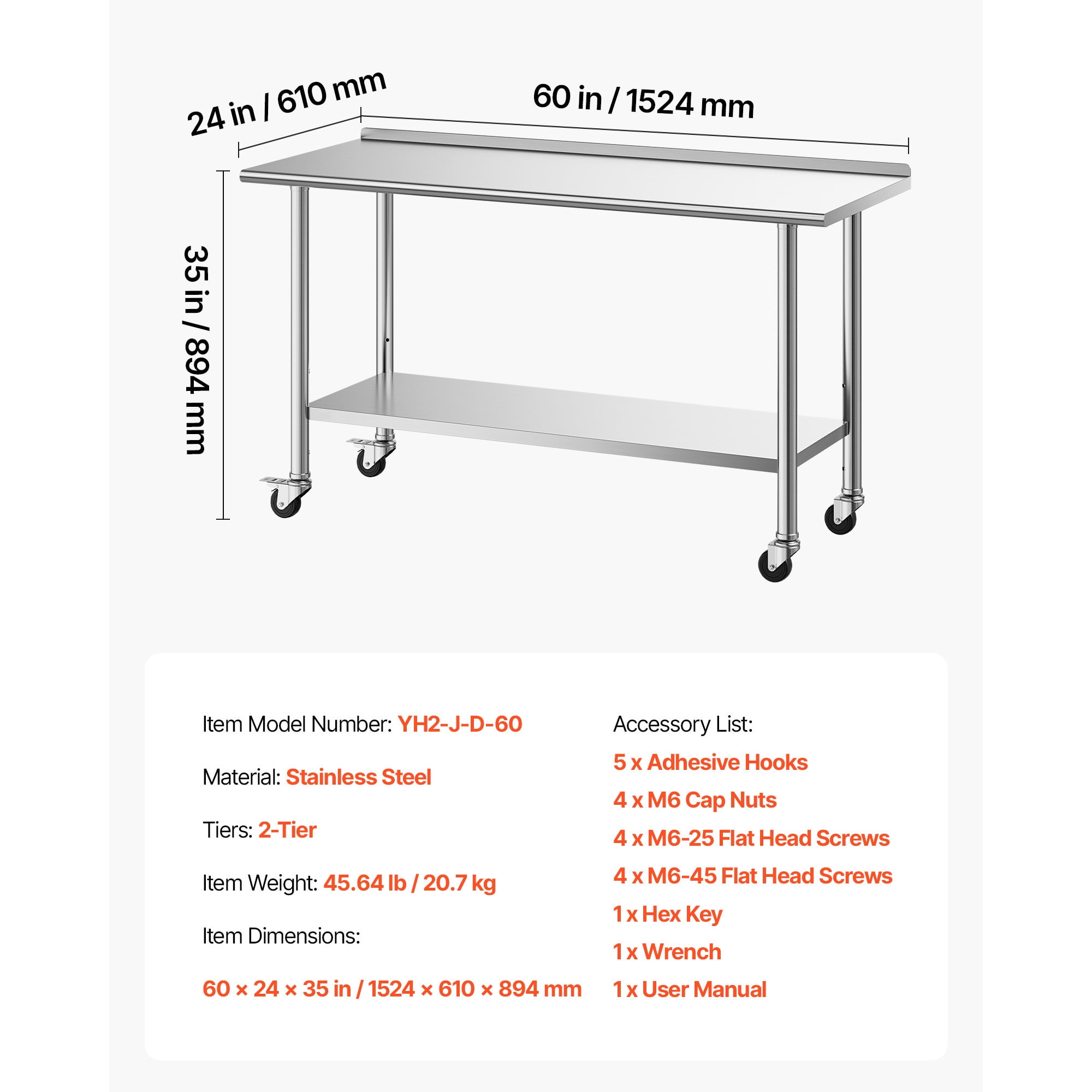 KFFKFF Stainless Steel Work Table, 24x60 inch Food Prep Station with Wheels and Backsplash, Adjustable Undershelf Metal Worktable for Kitchen, Home, Restaurant, or Outdoor Use