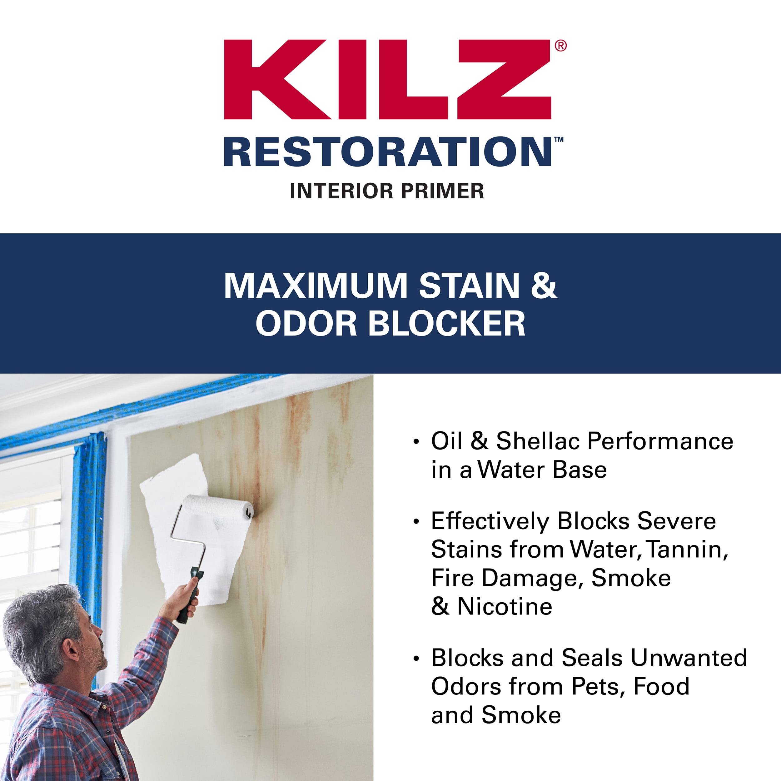 KILZ Restoration Interior Water-Based Maximum Stain & Odor Blocking Primer, White, 5 Gallon