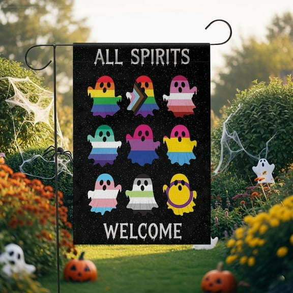 TiniDecor Rainbow Ghost Garden Flag – 12”x18” Halloween Outdoor Decor, Inclusive Fall Yard Flag