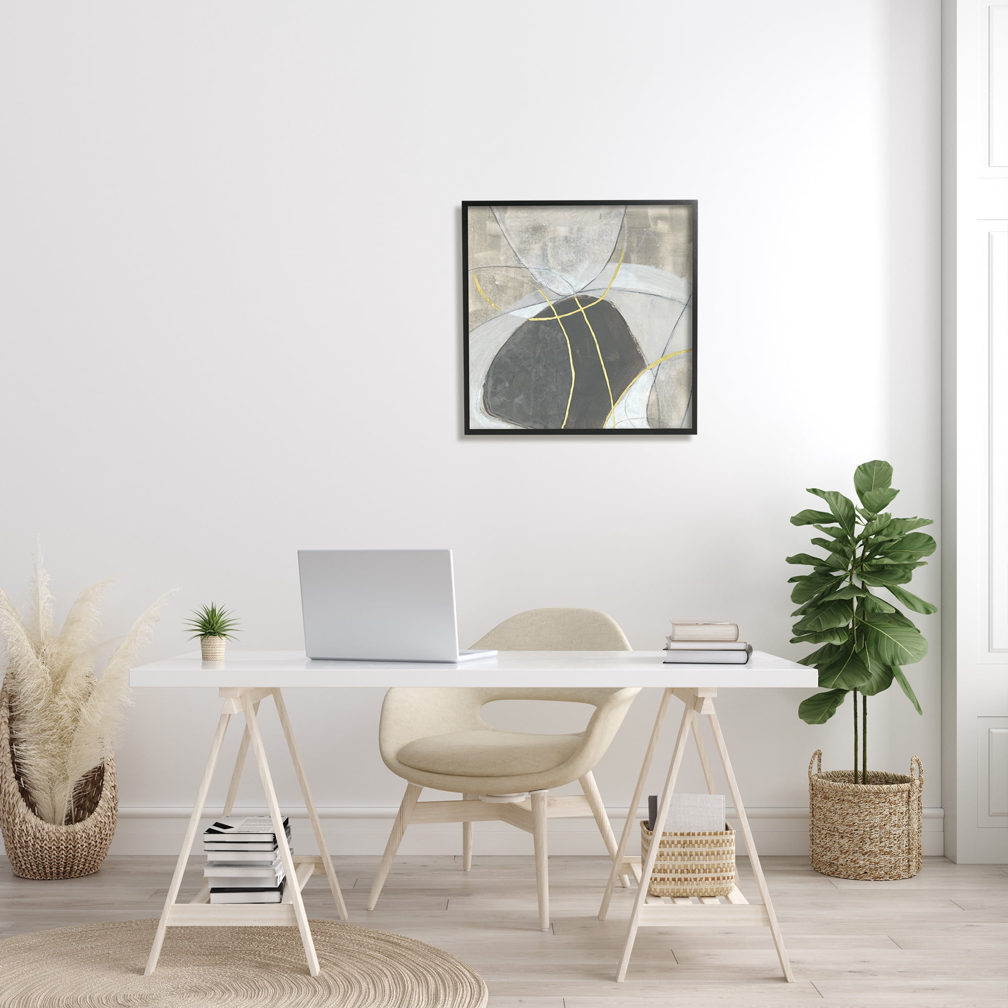 Stupell Industries Neutral Circular Line Abstraction Soft Layered Stones Abstract Painting Black Framed Art Print Wall Art, 24 x 24