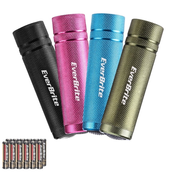 EverBrite Mini LED Flashlight 4 Pack, 1W Aluminum Handheld Light with Lanyards and Batteries Included, Assorted Colors for Kids and Adults