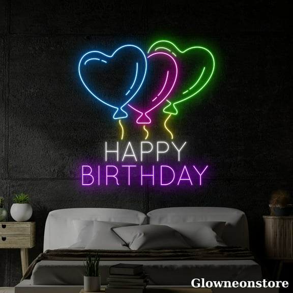 Glowneon Happy Birthday Neon Sign, Birthday Led Sign, Heart Balloon Led Sign, Birthday Decoration