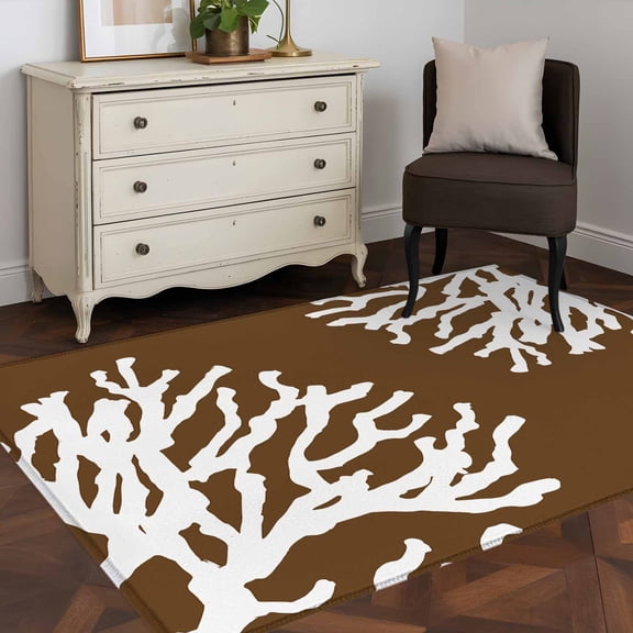 3'x5' Area Rugs, Coral Brown Indoor Outdoor Area Rug for Living Room Bedroom, White Coastal Ocean Marine Nautical Beach Washable Bathroom Rugs Kitchen Floor Carpet Mats Home Decor Aesthetic