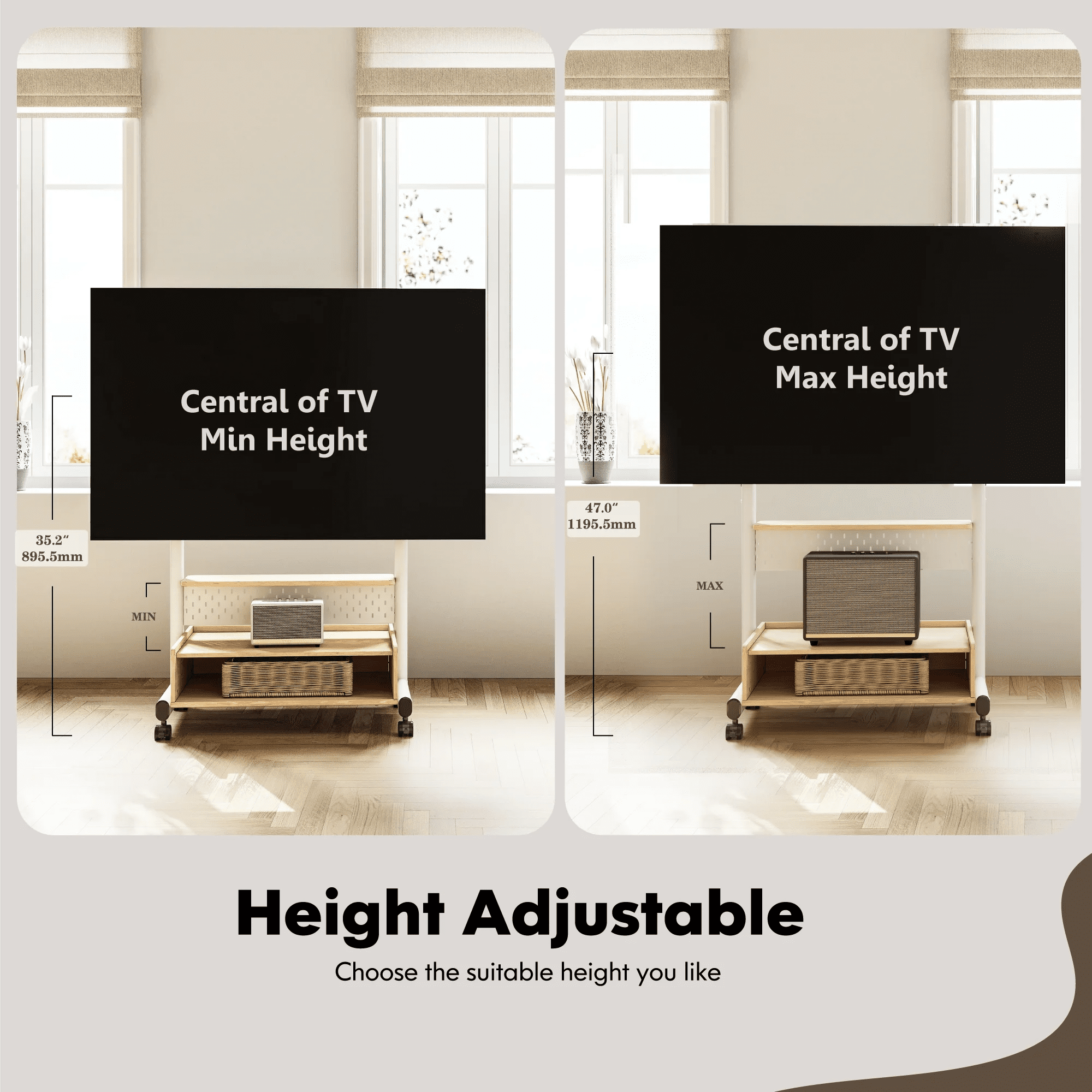 FITUEYES Sturdy Rolling TV Stand with Wheels for 40-85 inch Screens, Height Adjustable Mobile Cart, White