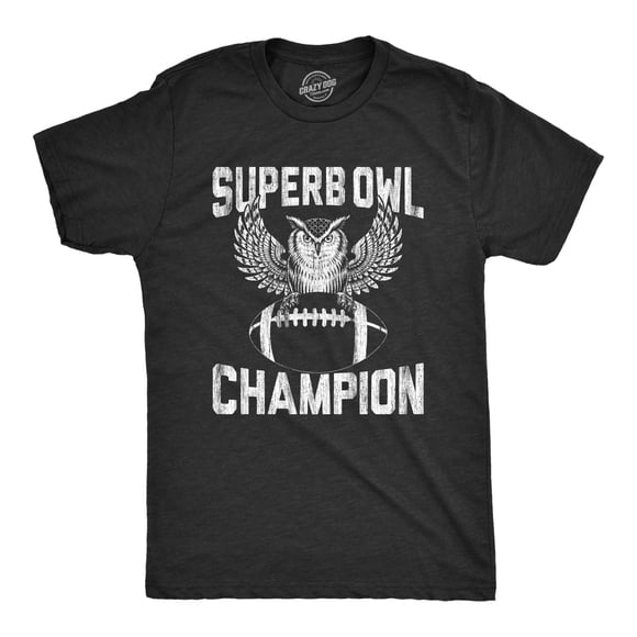 Mens Superb Owl Champion T Shirt Funny Sarcastic Football Pun Graphic Tee for Guys (Heather Black) - L