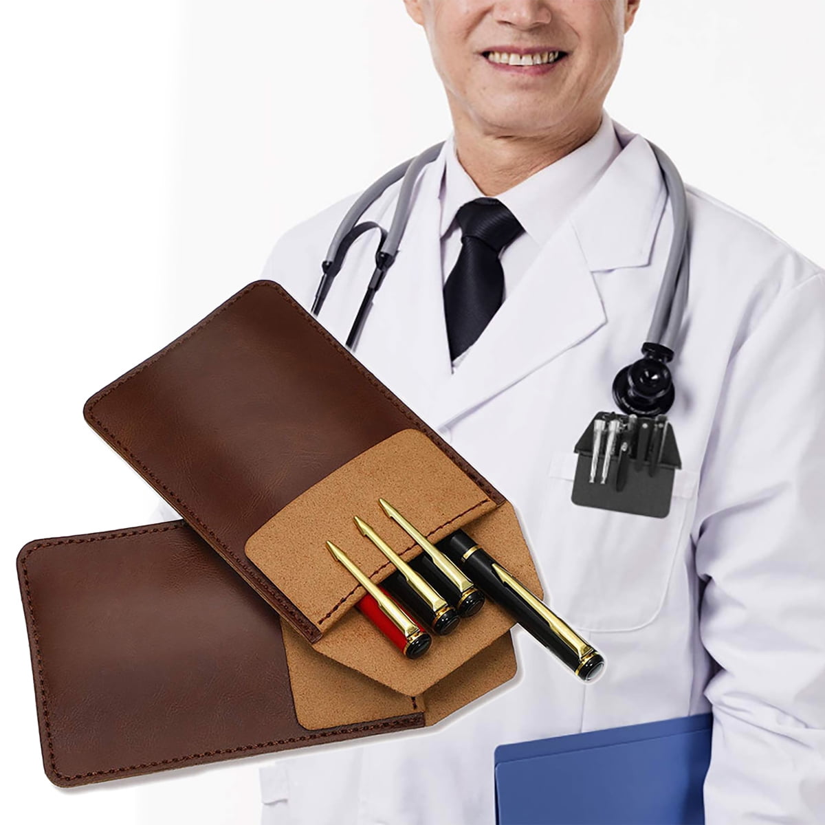 New Leather Pen Pouch Holder Organizer for Shirts Lab Coat.. Pocket Protector 