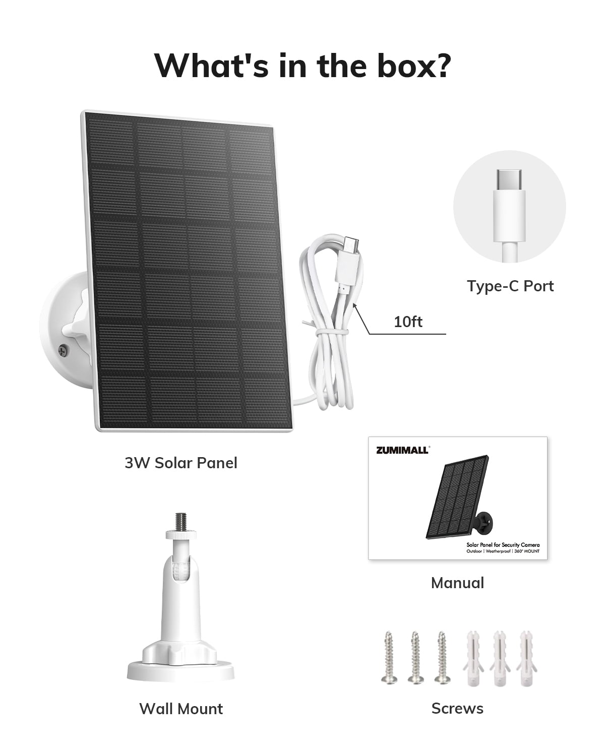 ZUMIMALL 3W Solar Panel for Security Cameras, IP66 Waterproof Solar Panel with 10ft Type C Cable,White(Type C Port)