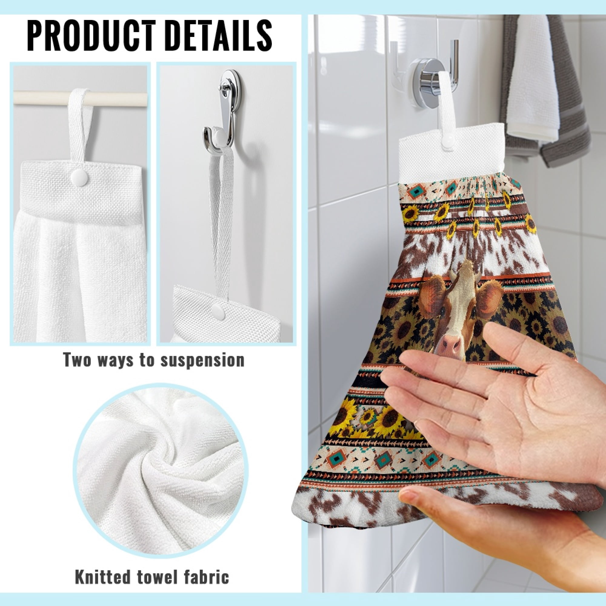 ZIATUBLE Aztec Tribal Hanging Hand Towel Sunflower Cow Kitchen Hand Towels with Hanging Loop Bathroom Hand Bath Towel Easy to Clean Dish Cloths Towel Quick Dry Hand Tie Towel