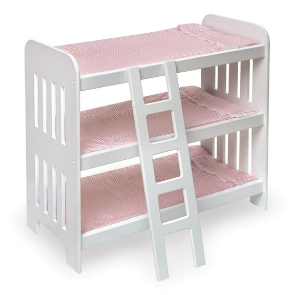 Triple Doll Bunk Bed with Ladder, Bedding, and Free Personalization Kit - Pink Gingham