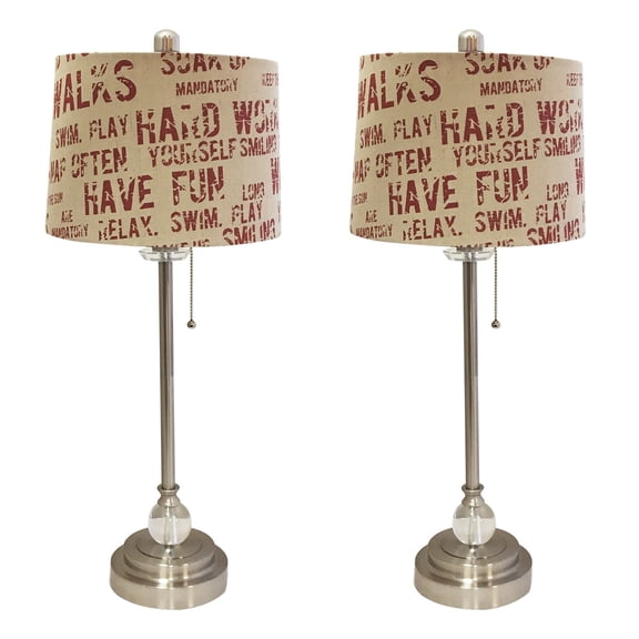 Royal Designs 28" Crystal and Brushed Nickel Lamp with Cream and Red Relaxing Phrase Print Drum Hardback Lamp Shade, Set of 2