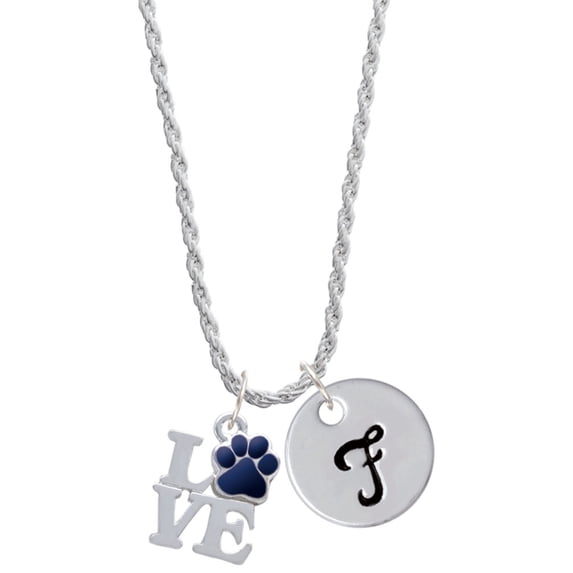 Delight Jewelry Silvertone Love with Navy Blue Paw Silvertone Script Initial Disc - F - Charm Necklace, 20"+3"