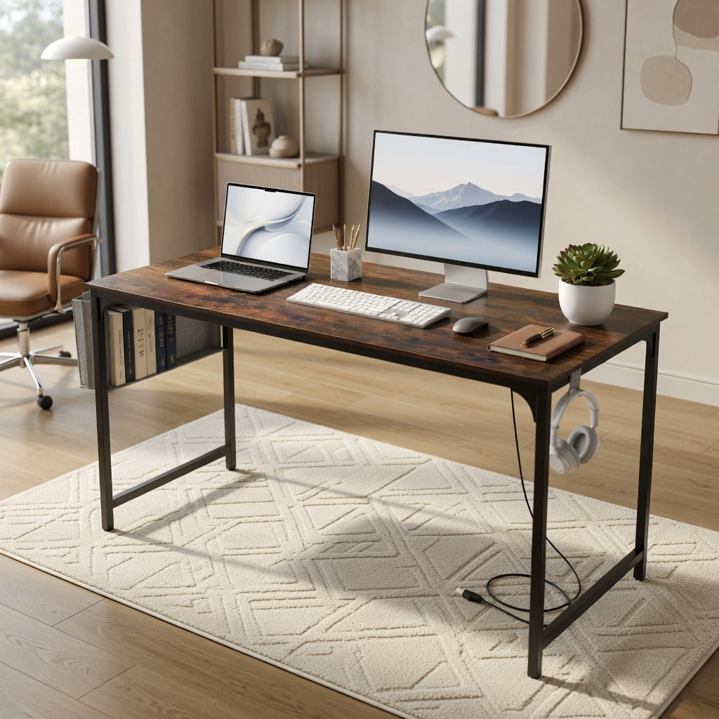 Yardi Yard 60 Inch Computer Desk with Charging Station Storage Bag-Rustic Brown, Computer Desk, Gaming Computer Desks for Study,Working,Writing