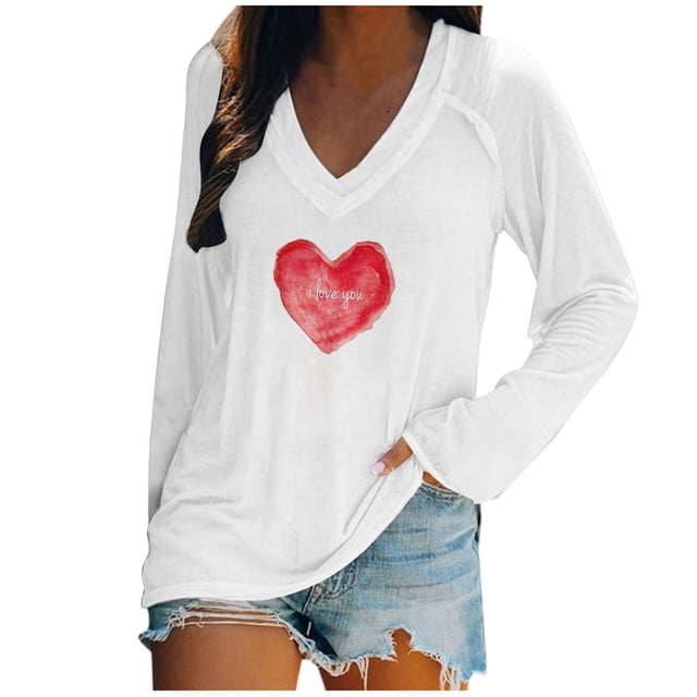 Blusa con cuello en V de manga larga con estampado de día de San Valentín suelto informal a la moda para mujer Fridja FKASFK3966