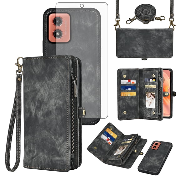 Asuwish Phone Case for Motorola Moto G04/G04s/G24/E14 4G Zipper Wallet Detachable Cell Cover with Tempered Glass Screen Protector Crossbody Strap Flip Card Holder GO4 G 04 04s 24 E 14 Women Men Black