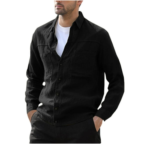 IROINNID Plain Long Sleeve Shirts for Men Loose Solid Button Button Down Shirt Blouse Tops ,Black