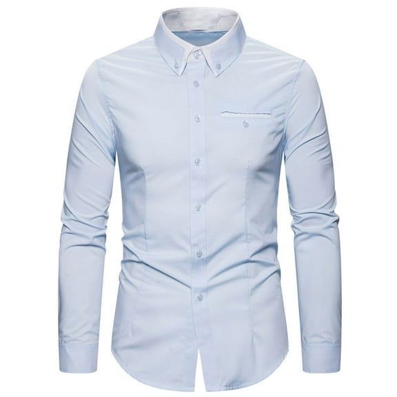 IYTR Mens Shirts Long Sleeve Shirts Casual Button-Up Turndown Collar Tops Formal Commuter Shirts Fall Fashion Solid Color Blue XL