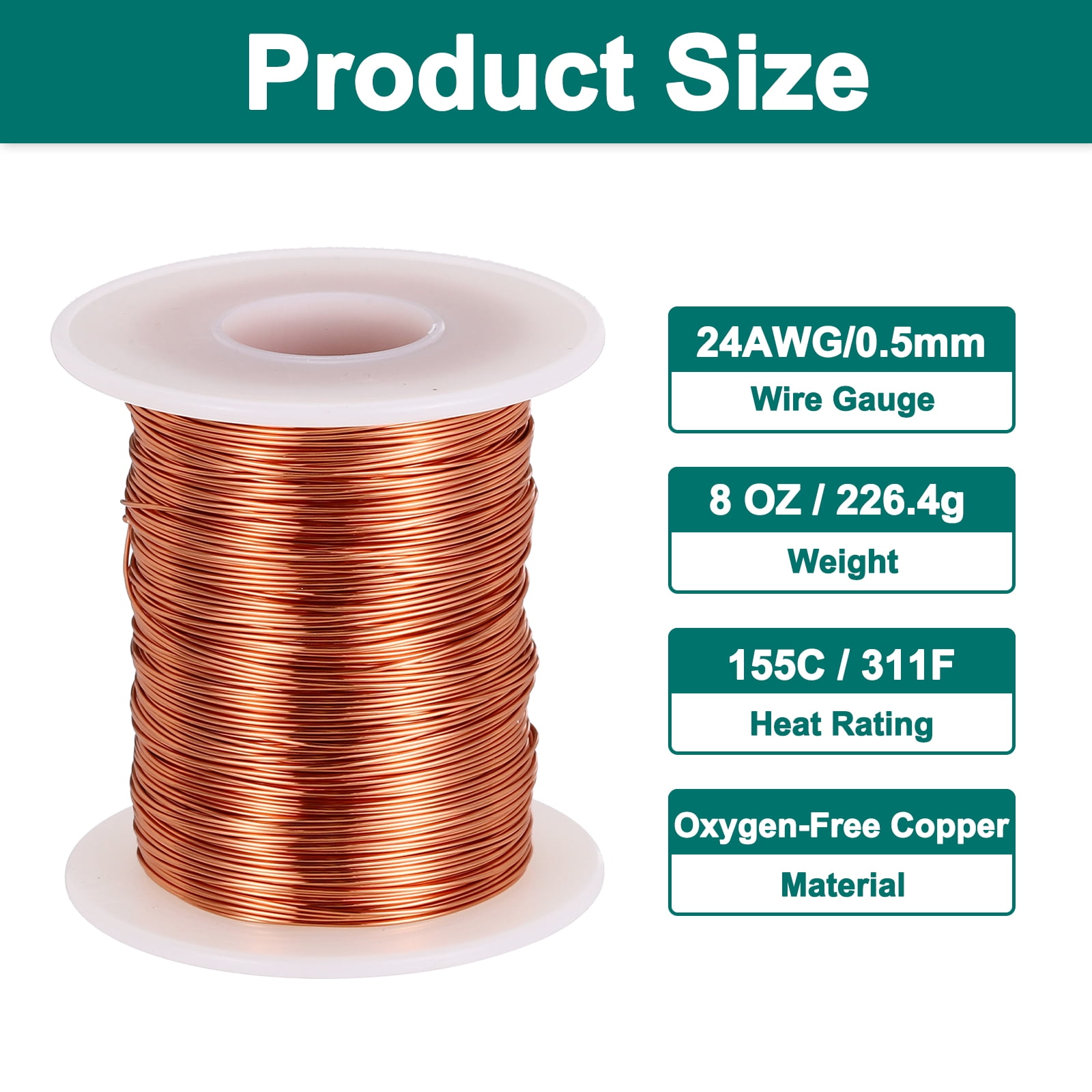 Uxcell 24 AWG Magnet Wire, 24 Gauge Enameled Copper Wire, 8 oz Magnetic Coil Wire for Transformer, Motor, Electric, 155C(311F)