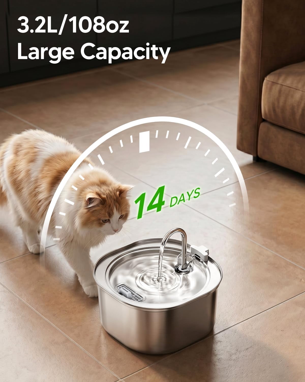 Cat Water Fountain, 3.2L/108oz Stainless Steel Pet Water Fountain for Cats Indoor, Dog Drinking Dispenser Metal Kitty Spout with 3 Filters+ 3 Sponges