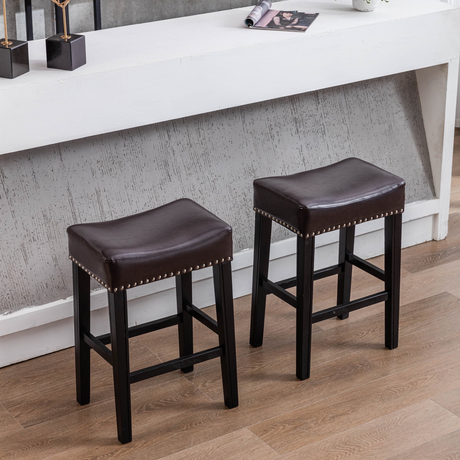 Hommoo Modern Counter Height Bar Stools, PU Leather Saddle Stool Set of 2, 26-inch Bar Height Stools for Kitchen, Brown