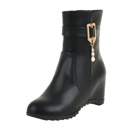 

GNEIKDEING Ladies Solid Color Face Pearl Belt Buckle Zipper Inner Heightening Booties Gift on Clearance