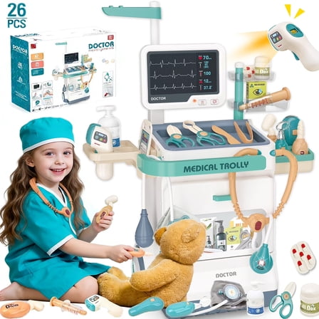 PayUSD Doctor Kit for Toddlers Kids Doctors Play Set, Pretend Play Medical Station for Boys/Girls, 26 Accessories Mobile Cart with Sound and Light and Electronic Thermometer Toys for ages 3 4 5-7