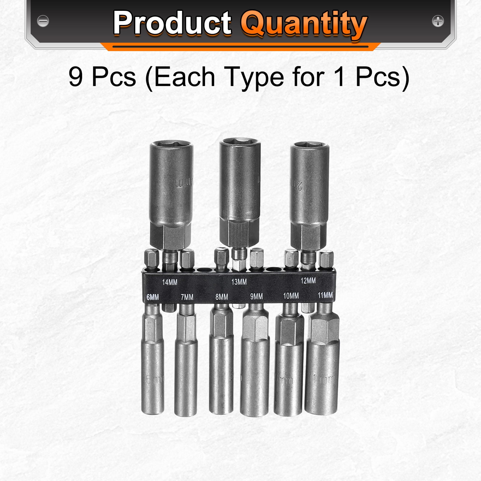 Uxcell 9pcs Hex Nut Driver Drill Bit 6/7/8/9/10/11/12/13/14mm 6-Point Drill Socket 1/4" Hex Shank 80mm Length Nut Setter Quick-Change Nut Impact Driver Bit Set with Bit Holder