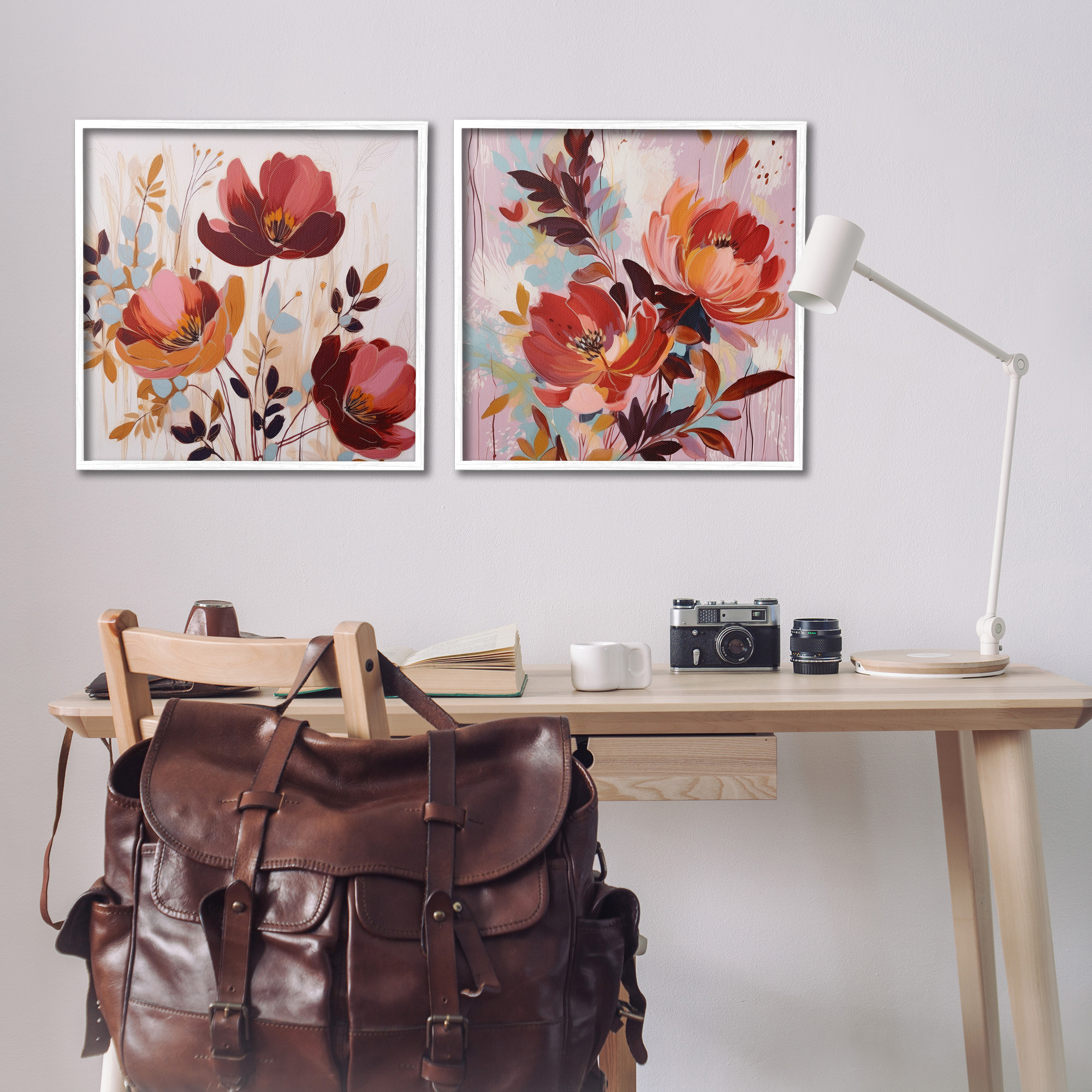 Stupell Industries Red Modern Flowers Botanical & Floral Painting White Framed Art Print Wall Art, 24 x 24, Set of 2